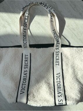 Victoria's Secret Cream Sherpa Tote with Logo Webbed Straps